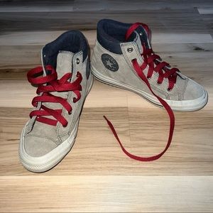 EUC CONVERSE ALL STAR HIGH CUT GRAY SUEDE RED US 3 BIG KIDS SHOES